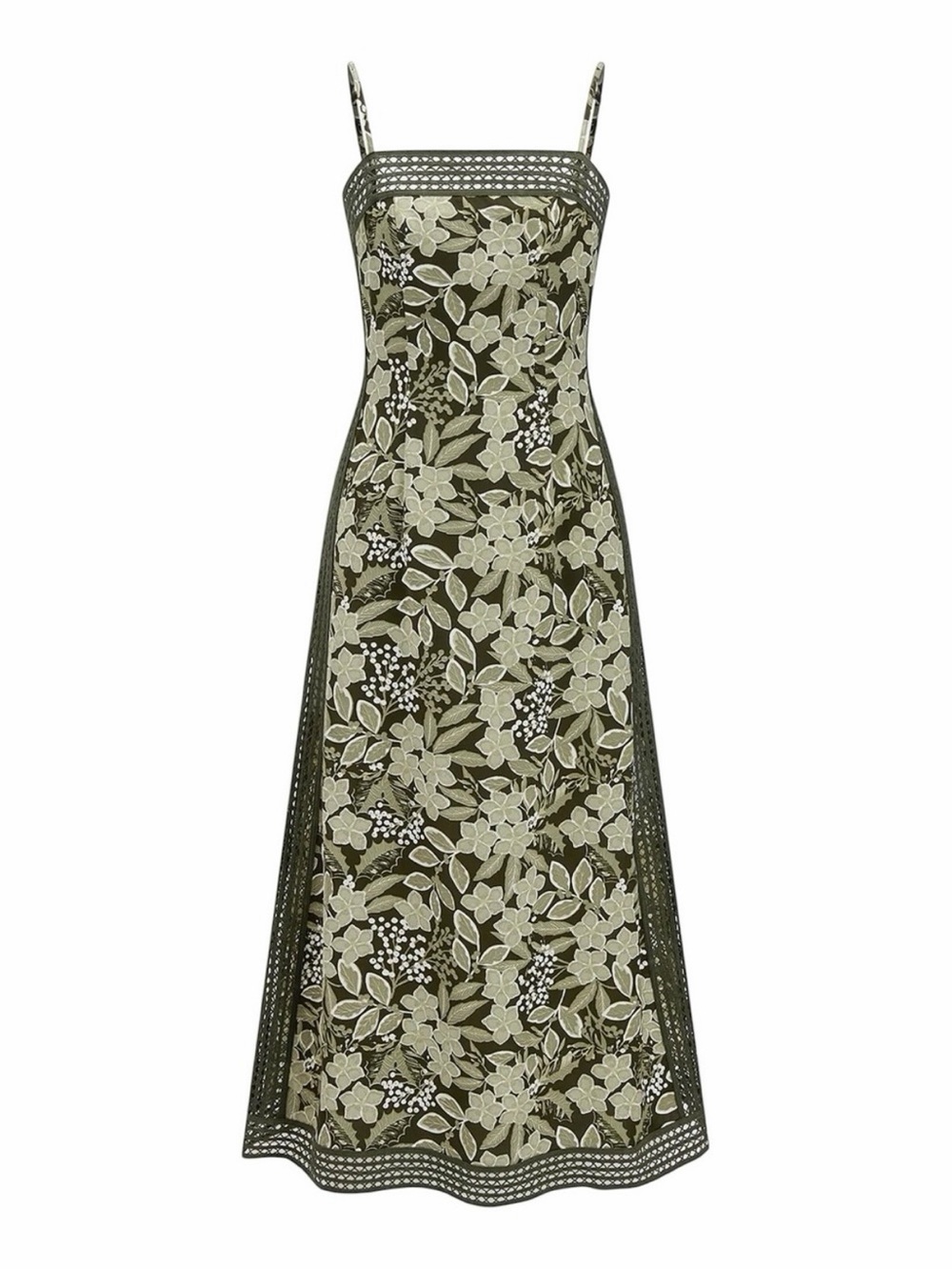 Commense Olive Green Floral Crochet Trim Midi Dress XS NWT Sage Ivory - Picture 2 of 11